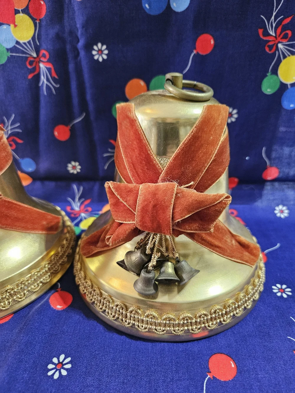 Brass Decorative Holiday Bells with Red Velvet Bows